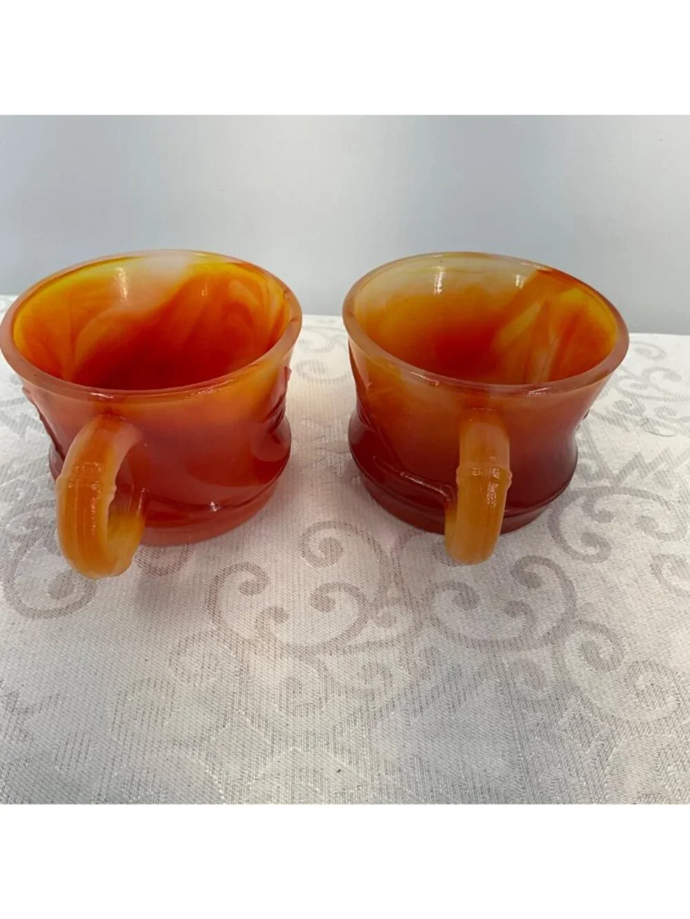 Vintage Amberina Cadmium Glass cups Set/2 UV Reactive Red Orange Starburst